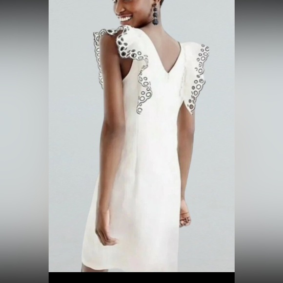 J Crew Collection White  Linen Blend Ruffle-Shoulder Eyelet Shift Dress Size 10 - Picture 3 of 8
